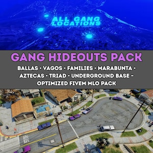 May include: An aerial view of a city with the text "ALL GANG LOCATIONS" in blue. Below, the text "GANG HIDEOUTS PACK" is displayed in purple, with a list of gang names and "OPTIMIZED FIVEM MLO PACK". The image shows streets and buildings.
