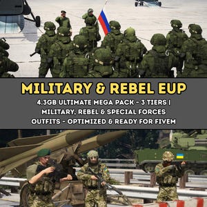Puede incluir: Imagen que presenta personal militar con uniformes de camuflaje, con helicópteros y vehículos militares de fondo. Se muestra el texto "MILITARY & REBEL EUP", junto con detalles sobre un mega pack de atuendos optimizados para FiveM.