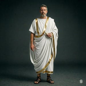 Puede incluir: Una persona vestida con una toga blanca con detalles dorados, sosteniendo un pergamino. La toga está elegantemente drapeada. La persona lleva sandalias negras. El fondo es gris oscuro. El atuendo recuerda la vestimenta de la antigua Roma.