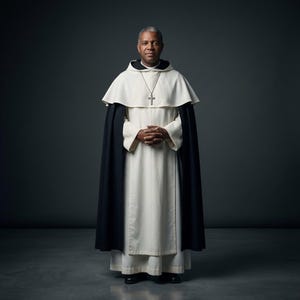 May include: A person wearing a traditional religious habit. The outfit includes a white robe, a black cape, and a white hood. A silver cross hangs from a necklace. The person is standing in front of a dark gray background.