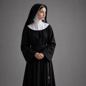 Puede incluir: Un hábito negro con cuello blanco y capucha negra. Un rosario con una cruz cuelga de la cintura. La prenda religiosa es usada por una persona con una toca blanca.