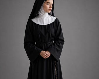 May include: A black habit with a white collar and a black hood. A rosary with a cross hangs from the waist. The religious garment is worn by a person with a white wimple.