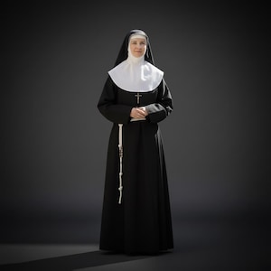 May include: A full-length portrait of a nun in traditional attire. She wears a black habit with a white wimple and collar, and a cross pendant. A rosary hangs from her waist. The background is a dark grey.