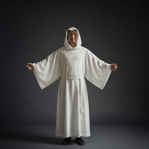 May include: A floor-length white robe featuring a hood and wide, flowing sleeves. The garment is cinched at the waist with a thin, white rope cincture that hangs down the front, ending in decorative tassels. The fabric is smooth and opaque.
