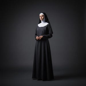 May include: A person in a traditional nun's habit, standing against a dark grey backdrop. The habit is black, with a white wimple and collar. The person is facing the camera.