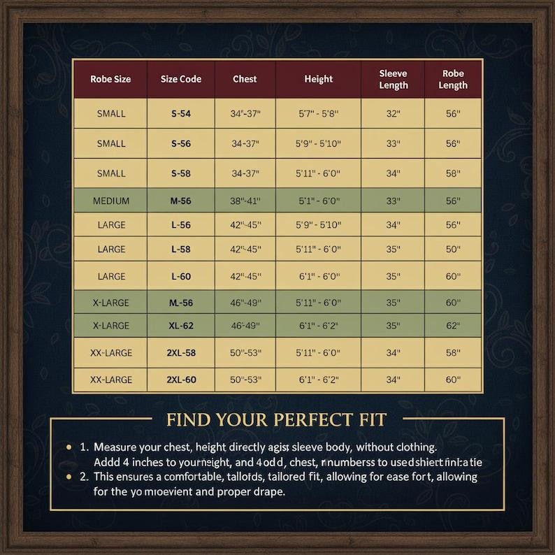 May include: A chart with robe sizes, chest measurements (34"-53"), and height ranges (5'7"-6'2"). Includes sleeve and robe lengths. Text at the bottom advises how to measure for a perfect fit. The chart is on a dark, textured background.