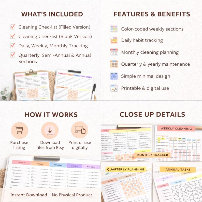 Editable Cleaning Checklist Planner, Daily Weekly Monthly Schedule ...