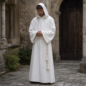 May include: A long, off-white hooded robe with wide sleeves and a matching waist tie. The robe features a long, flowing design and is worn by a person standing in front of a stone building. The robe has a simple, elegant design.