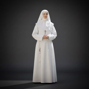 May include: A full-length white habit featuring a long-sleeved gown, a matching white veil covering the head and shoulders, and a simple silver cross pendant worn at the chest. A rosary with dark beads hangs from the waist of the garment.