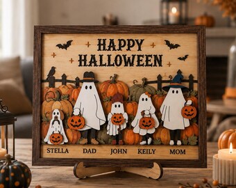Placa de madeira personalizada com família de fantasmas e abóboras, placa personalizada para a família Boo Crew, presente de Halloween para a família, decoração de fazenda para o outono.