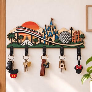 Disney Parks Sunset Key Holder, Disney World Castle & Monorail Key Hanger Rack, Mickey Head Theme Park Wall Decor, Disney Lover Gift
