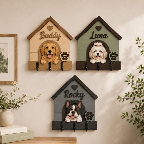 Personalized Dog Key Holder, Custom Dog Name Sign, Wooden Pet Leash Holder, 3D Dog Key Rack, Dog Wall Decor, Dog Lover Gift, Dog Mom Gift