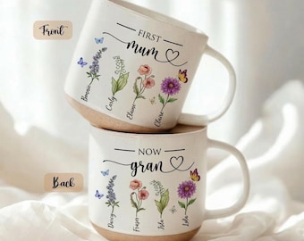 First Mom Now Grandma Pottery Mug, Double Sided Pottery Mug, Grandma’s Garden Gift, Custom Birth Flower Gift For Mom Grandma