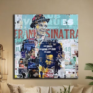Frank Sinatra Popart Collage Canvas Wall Art, Abstract Frank Sinatra Framed Art Print, Music Gift