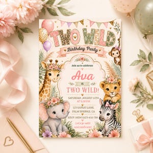 May include: A party invitation with a safari theme. The invitation features the text "TWO WILD Birthday Party" and includes illustrations of a giraffe, lion, elephant, and zebra. The invitation is for Ava's second birthday.