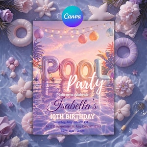 Peut inclure: Une invitation à une pool party aux tons violets et roses. L'invitation présente le texte "POOL Party" en grandes lettres argentées, et "10e anniversaire d'Isabella". Des fleurs, des étoiles et des lanternes flottantes ornent le design.