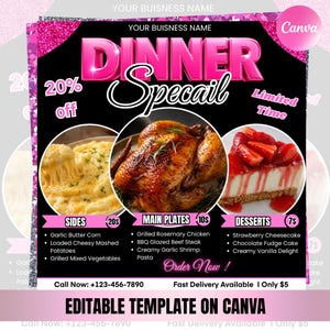 Puede incluir: Una plantilla de menú especial de cena rosa y negro con el texto "Dinner Special" en letras grandes y brillantes. El menú incluye imágenes de alimentos como maíz con mantequilla de ajo, pollo asado y tarta de queso con fresas. Editable en Canva.