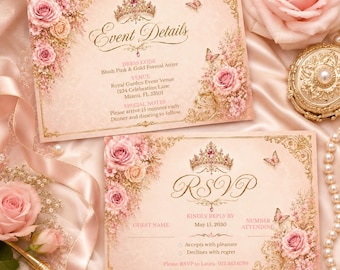 May include: A blush pink and gold event invitation and RSVP card set featuring floral rose illustrations, a gold crown graphic, and butterflies. The text includes Event Details, Dress Code, Venue, Special Notes, RSVP, and contact information.