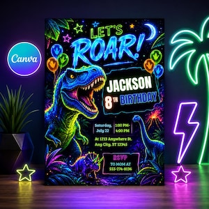 Könnte beinhalten: Eine neonfarbene Geburtstagseinladung mit einem großen blau-grünen T-Rex, einem kleineren Triceratops und einem langhalsigen Dinosaurier. Der Text lautet: LET'S ROAR! JACKSON 8TH BIRTHDAY, Saturday, July 22, 1:00 PM-4:00 PM, At 1213 Anywhere St. Any City, ST 12345, RSVP TO MOM AT 555-274-8136.