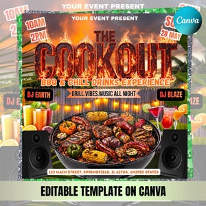 May include: A promotional flyer for "The Cookout" event, featuring a barbecue grill with grilled meats and vegetables. The flyer includes text such as "BBQ & Chill Drinks Experience" and "Grill.Vibes.Music All Night." The event details include the date, time, and location.