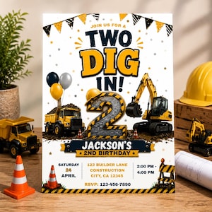 Two Dig Birthday Invitation Boy | Construction 2nd Birthday Invite Editable Canva Template | Digger Truck Party Invitation