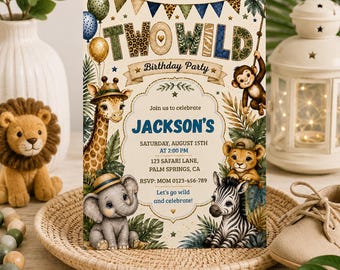 Uitnodiging voor een wild verjaardagsfeest voor een jongen, safari-thema, bewerkbare Canva-sjabloon, verjaardagskaart met jungledieren, digitale download