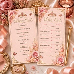 Editable Quinceañera Dance Card Template, Dance Program & Dance Partners, Blush Pink Gold Canva Template, Sweet 15 Printable