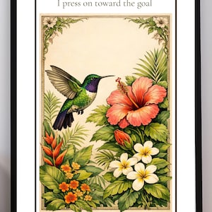 Impression des écritures chrétiennes, j'appuie sur, PHILIPPIANS 3:14, art botanique oiseau vintage, numérique