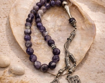 Rosario de amatista natural, 33 cuentas, regalo espiritual hecho a mano.