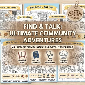 Op de afbeelding: Een kleurrijke educatieve activiteitenset getiteld "Find & Talk: Ultimate Community Adventures". De set bevat 20 afdrukbare activiteitspagina's met PDF- en PNG-bestanden. De pagina's bevatten illustraties van gemeenschapslocaties en objecten.