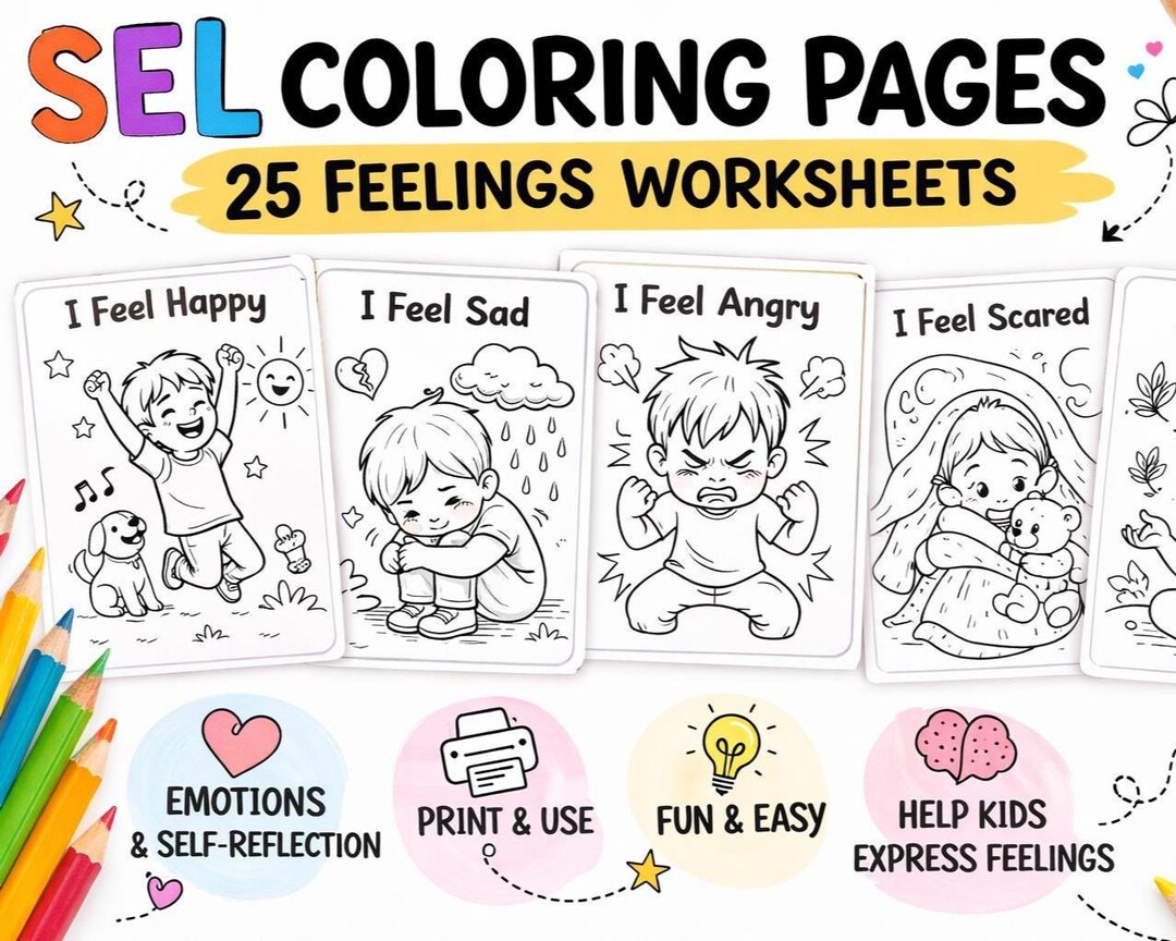 SEL Coloring Pages for Kids | 25 Feelings Worksheets | Social Emotional ...