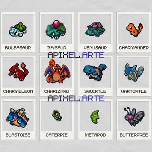 Könnte beinhalten: Ein Raster von zwölf Pixelkunstbildern von Pokémon-Charakteren, jeweils in einem Polaroid-ähnlichen Rahmen. Die Charaktere sind Bulbasaur, Ivysaur, Venusaur, Charmander, Charmeleon, Charizard, Squirtle, Wartortle, Blastoise, Caterpie, Metapod und Butterfree. Der Text "APIXEL.ARTE" ist ebenfalls sichtbar.