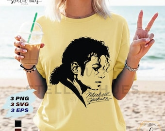May include: A yellow t-shirt featuring a black silhouette of Michael Jackson's profile with his signature. The shirt also has the text "Michael Jackson" in a cursive font. The image includes the text "3 PNG, 3 SVG, 3 EPS".