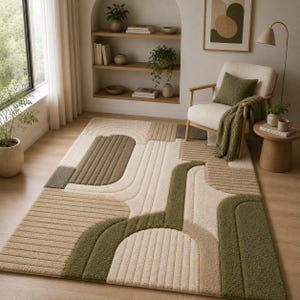 Green Ivory Wool Rug Flow Pattern Large 9x12 Rug Plush Floor Covering Home Accent