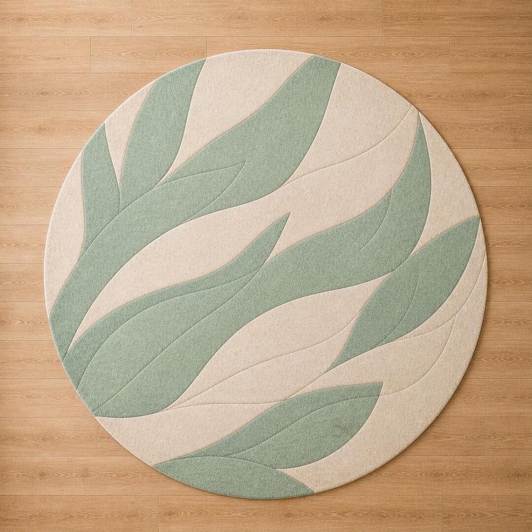 Sage Green Hand Tufted Round Wool Rug - Organic Modern Leaf 3D Carved ...