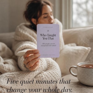 May include: A rectangular light purple card with black text that reads Permission, Who Taught You That, Who taught you that resting had to be earned?, and SLOW DOWN STAY SOFT. The card is held upright against a soft, cream-colored textured background.