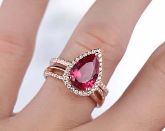 Pear Cut Ruby Engagement Ring Set, Rose Gold Halo Wedding Ring, Infinity Twist Diamond Band, Teardrop Garnet Bridal Set, Vintage Style Ring