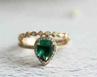 3Cts Handmade Teardrop Emerald Ring with Art Deco Halo, Two Piece Wedding Ring Set, 14K Yellow Gold Promise Ring, Green Gemstone Bridal Set
