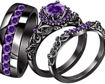 Conjunto de anillos de boda góticos negros de 2 quilates, anillo de compromiso de amatista púrpura, alianzas de boda negras, conjunto de tres anillos con piedra púrpura, conjunto nupcial alternativo