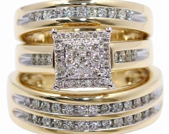 Conjunto de anillos de boda de trío, conjunto nupcial de 3 piezas para él y para ella, anillo de compromiso Princess Cluster con alianza a juego para hombre y mujer con diamantes de moissanita