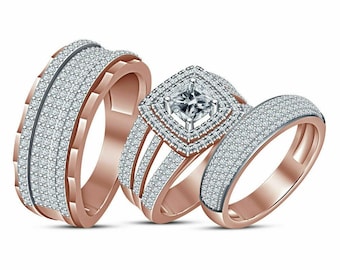 Dainty Rose Gold Trio Set • Princess Cut Diamond Simulant Ring • Matching Couple Wedding Rings • 14K Rose Gold Plated • Mens Pave Ring