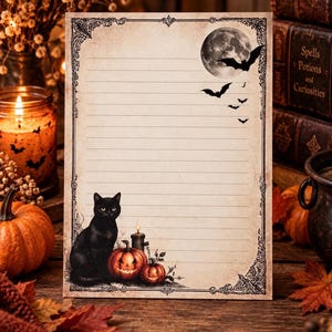 May include: A rectangular sheet of lined stationery paper with a vintage-style border. The design features a black cat sitting next to two jack-o'-lanterns and a candle at the bottom, with a full moon and flying bats in the top right corner.
