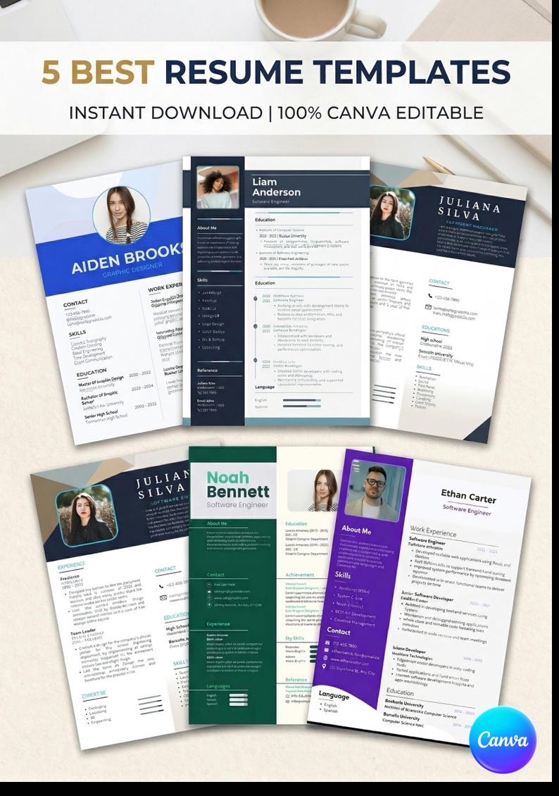 Editable Resume Bundle | 5 Canva CV Templates | Modern ATS Friendly ...