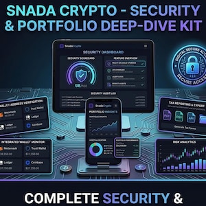 May include: A digital graphic promoting a crypto security and portfolio deep-dive kit. The image features a tablet and smartphone displaying dashboards, charts, and data visualizations. Text includes "SNADA CRYPTO" and "COMPLETE SECURITY &" with icons for digital secure access.