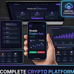May include: A digital download graphic showcasing a complete crypto platform. The image features a laptop, tablet, and smartphone displaying the "Snada Crypto App" interface. The app shows trading options, charts, and wallet integration options.