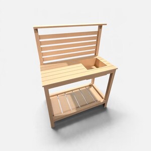May include: A light-colored wooden potting bench featuring a slatted back panel, a flat work surface with an integrated square basin, and a lower storage shelf. The logo 3D GOOP LABS is visible in the upper right corner of the image.