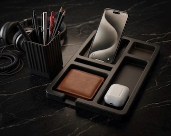 Desk & Nightstand Command Center Organizer | Docking Station for Phone, Wallet, AirPods | Men's Valet Tray Pen Holder