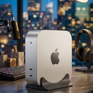 May include: A silver desktop computer with the Apple logo, resting on a black stand. The computer is on a desk with a keyboard, microphone, and headphones. The background shows a city skyline at night.