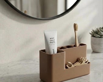 Modern Bathroom Countertop Organizer | Toothbrush Toothpaste Floss Pick Holder | Sleek Vanity Makeup & Dental Caddy