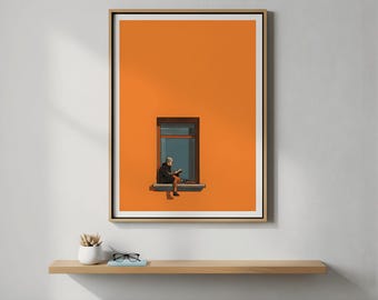 Mann im Fenster Poster, Terrakotta Minimale Wandkunst, ästhetischer Mid Century Druck, oranges Wohndekor, digitaler Download